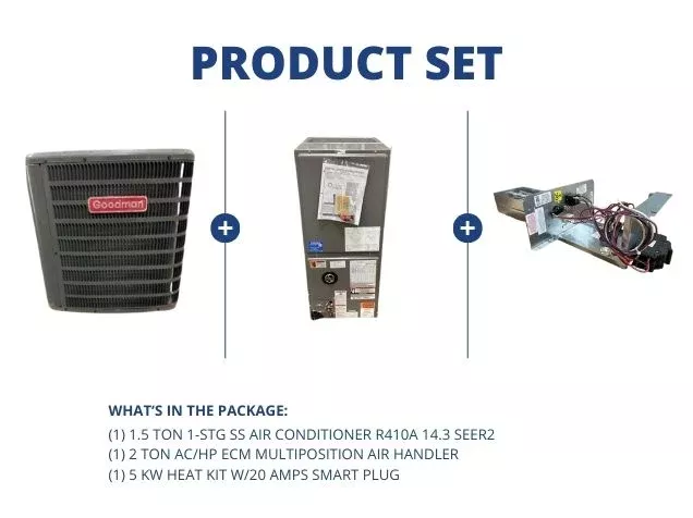 1.5 Ton 1-Stg SS AC 14.3 SEER2, 2 Ton ECM Multi Air Handler and 5 KW H