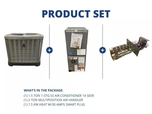 1.5 Ton 1-Stg SS AC 14 SEER, 2 Ton ECM Multiposition Air Handler and 7